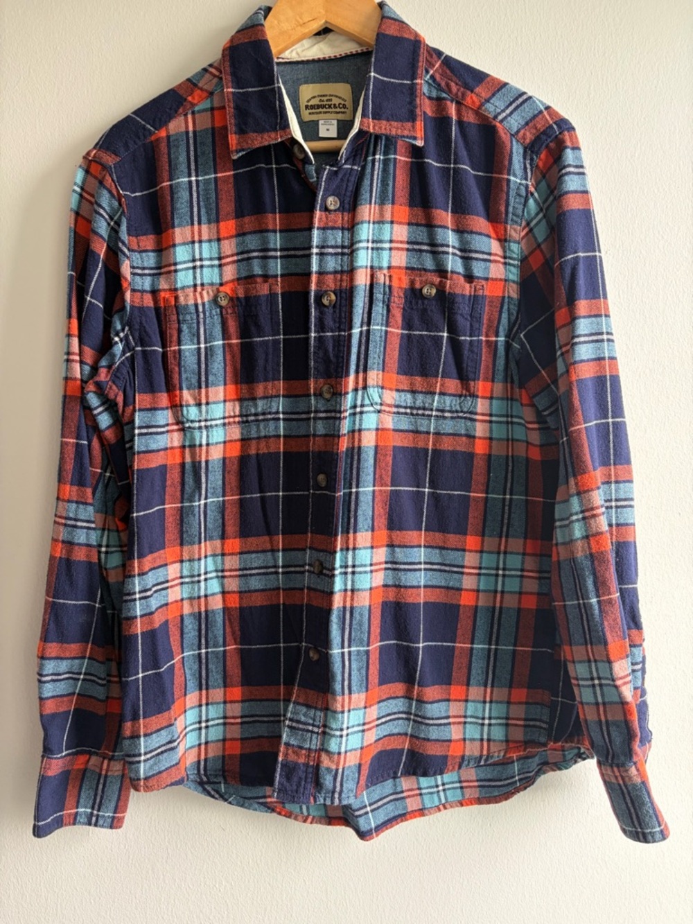 Roebuck & Co. Navy Plaid Button-Down Shirt - Navy, Orange & Light Blue